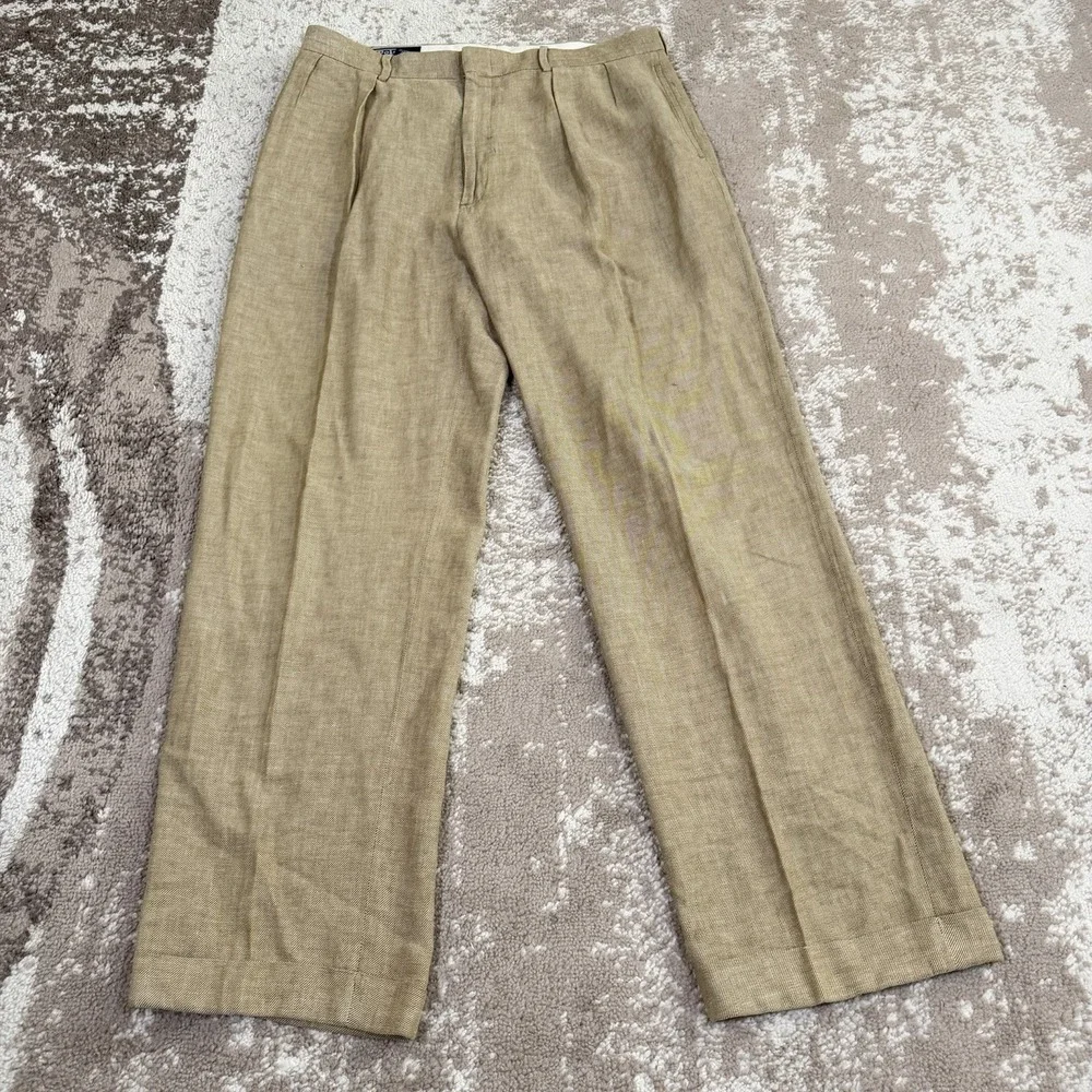 VTG Polo Ralph Lauren Dress Pants Mens 36x31 Brown Linen Blend Pleated Preppy